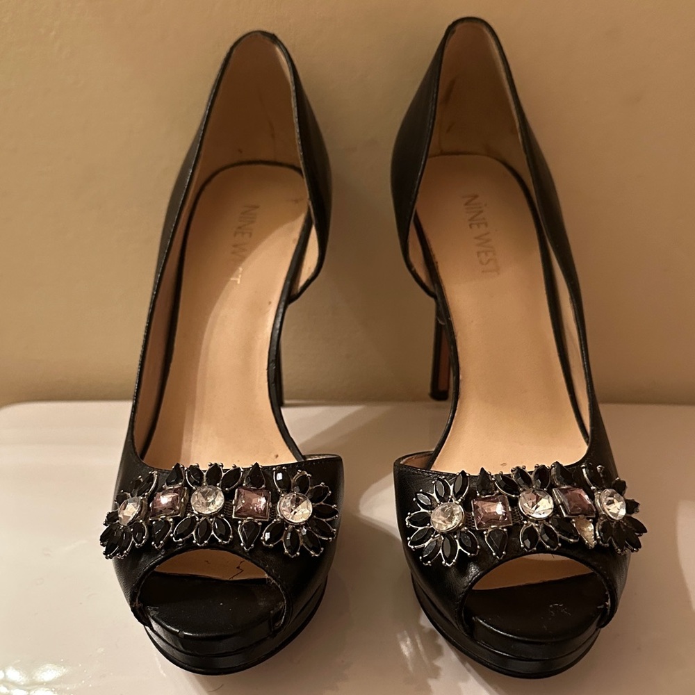 Nine West Embellished Black Peep-Toe Heels
